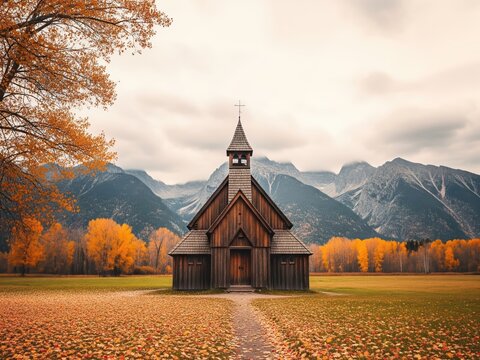 Rustic wooden church chapel surrounded by colorful autumn forest mountains with scenic orange yellow trees and sunset light, seasonal architecture religion spirituality landscape background - Powered by Adobe