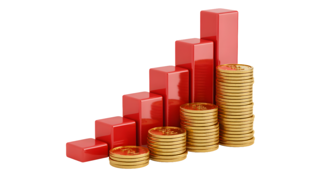 Red bar graph and stacks of gold coins showing financial growth on a black background studio shot