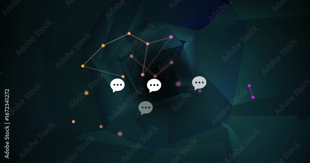 Poster floating speech bubble icons hovering in network tunnel, with colored nodes and glowing lines