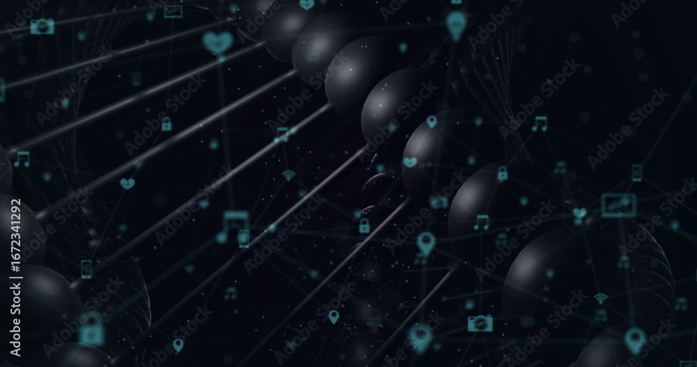 Poster rotating helical chain of rod-linked glossy black spheres in network grid, with floating teal icons