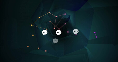 Floating speech bubble icons hovering in network tunnel, with colored nodes and glowing lines