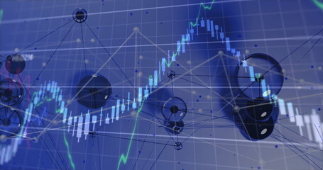 Displaying 3D network nodes and candlestick bars floating on grid interface, with green trend line