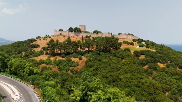 Aerial Drone Shot of Historic Byzantine Castle of Platamon, Pieria, Macedonia, Greece, on a Sunny Summer Afternoon.