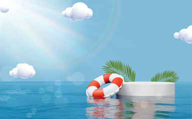 Promotion composition with white empty round podium set on blue sea water surface background, Palm leaves and swimming circle for showcasing skincare products,