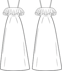 Elegant black and white vector illustration of identical long dresses with ruffled off‑shoulder neckline for fashion design and garment pattern making