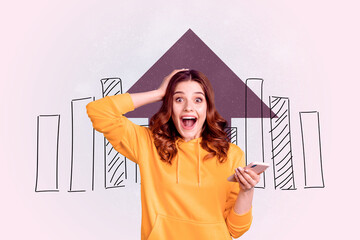 Abstract collage of person use phone stand on purple background with drawing arrows charts