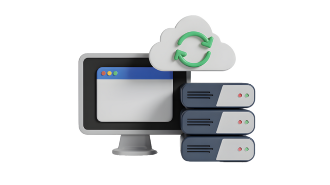 Illustration of a computer with a cloud and servers representing data synchronization