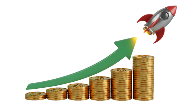 Stacks of coins increasing with a green arrow and a rocket launching on a black background