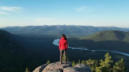 Female Hiker Reaches Mountain Summit and Enjoys the Epic View of a River and Valley