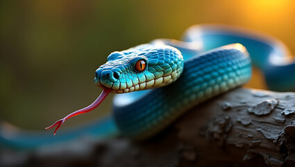 Fototapeta premium Vibrant Portrait of a Stunning Blue Viper Snake – Exotic Wildlife Photography Concept