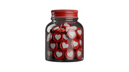 A glass jar filled with red and white heart shaped objects against a plain black background studio shot