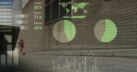 Jogging woman wearing sportswear, headset, tracker in alley by brick wall with overlays, copy space