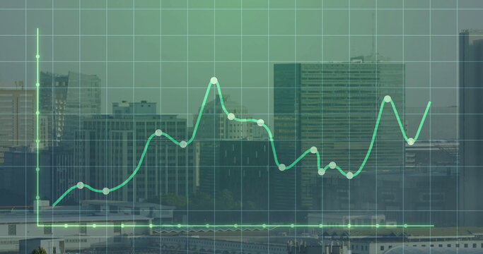 Showing translucent green line graph fluctuating over downtown skyline, with axes and data markers - Powered by Adobe