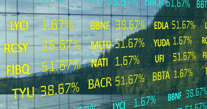 Displaying semi-transparent grid overlay over river valley, with alphanumeric codes and percentages