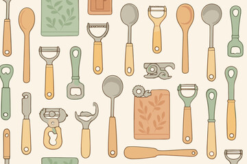 Various kitchen utensils and tools arranged in a creative pattern on a light background