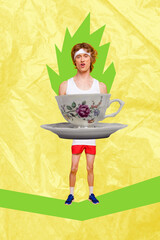 Trendy creative art vertical photo collage of happy sportsman peek coffee cup beverage herbal tea bliss morning refreshment