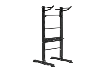 Dark gray freestanding weightlifting rack with multiple tiers of storage