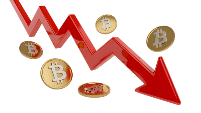 Red arrow pointing down with bitcoin coins indicating a financial downturn or market crash scenario