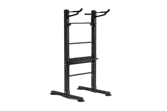Dark gray freestanding weightlifting rack with multiple tiers of storage