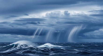 Naklejka premium Dramatic ocean storm with heavy rain shafts and turbulent waves under a dark moody sky