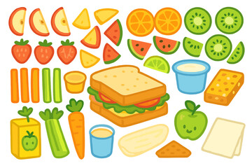 Colorful array of fresh fruits and vegetables along with a sandwich on a white background