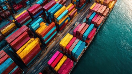 Aerial Overview of Vibrant Cargo Containers in Red, Blue, and Yellow Illustrating Efficient Supply Chain Management and Modern Logistics