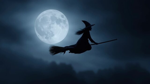 Halloween witch silhouette flying on broomstick under full moon night sky with spooky mysterious eerie atmosphere
