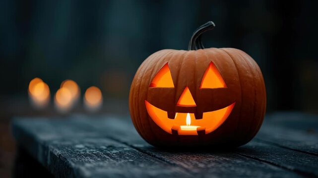 Halloween pumpkin jack olantern glowing candle wooden bench dusk cozy spooky autumn night carved jack o lantern candle glow wooden bench warm spooky