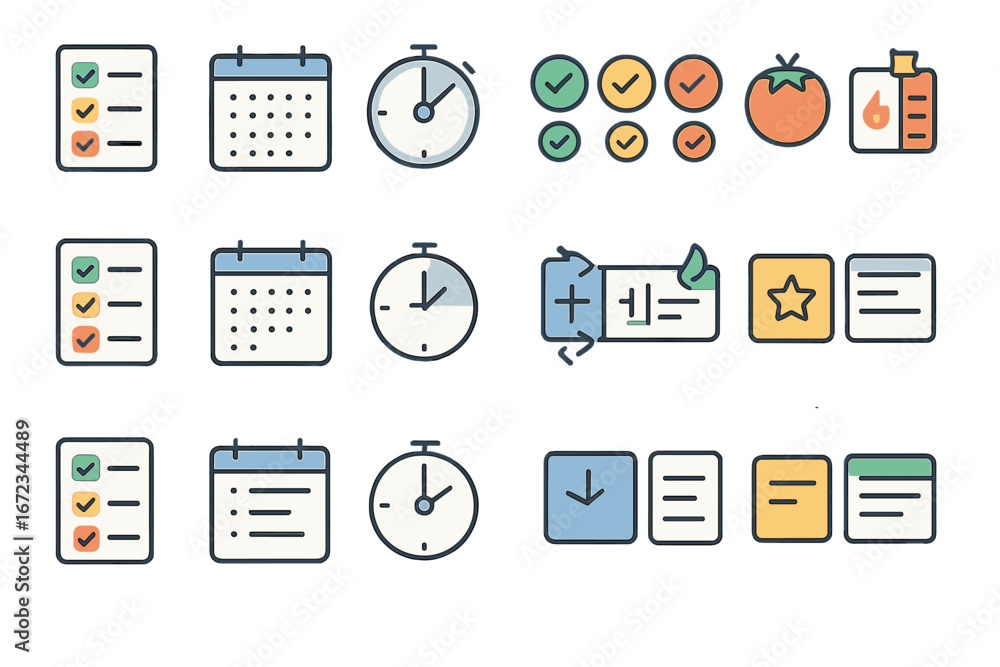 Poster organizing tasks with colorful icons for efficient time management in a planning app interface
