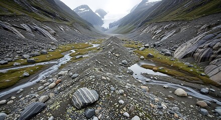 Majestic glacial valley carved by ice and water with winding streams and rugged rocky slopes under a dramatic sky
