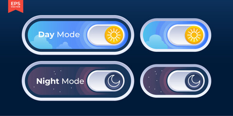 Dark mode and light mode toggle switch buttons. Material design slider switch buttons set. Day and night mode switch button. Vector illustration.
