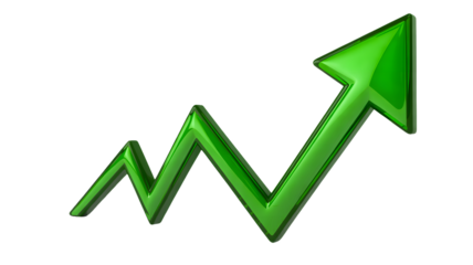 A shiny green arrow showing upward trend on a black background indicating growth and success