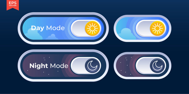 Dark mode and light mode toggle switch buttons. Material design slider switch buttons set. Day and night mode switch button. Vector illustration.

