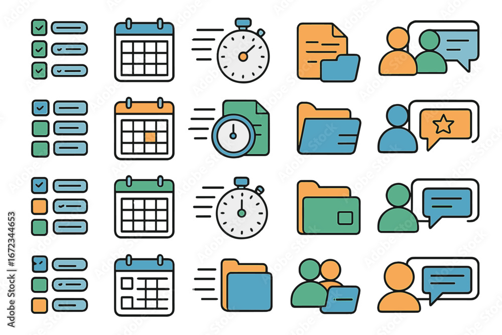Poster colorful icons representing organization tasks, scheduling, and communication for efficient project 