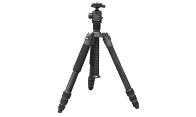 Gray carbon fiber tripod, head and legs extended, isolated on black background