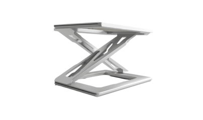 Adjustable, white computer riser, X-shaped base