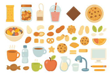 Colorful assortment of snacks and beverages laid out on a neutral background during afternoon refreshment time