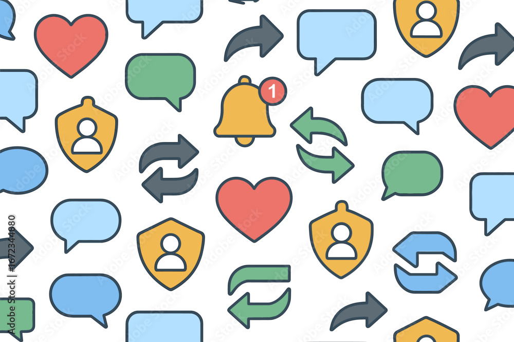 Poster vibrant digital communication symbols and icons on a white background representing interaction and e