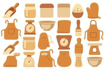 Cozy baking tools illustration with measuring scoops, jars, kitchen scales, mixing bowls, aprons, oven mitts, pastry brushes, timers, and bread on warm orange background