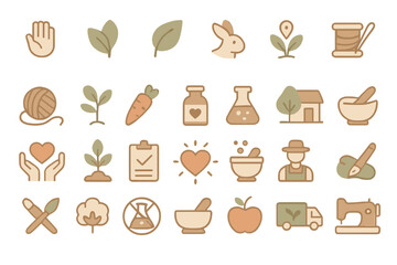 Sustainable and eco-friendly lifestyle icons set with organic farming, cruelty-free, handmade products, natural ingredients, and ethical production on brown background