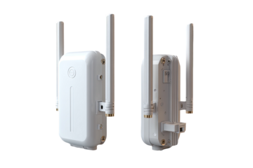 Two white wireless devices, angled views, showing antenna