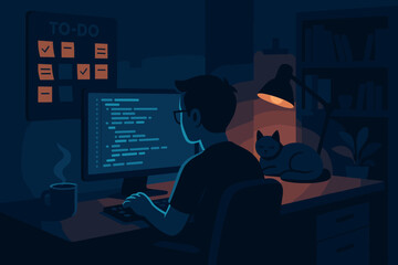 Nighttime home office scene with programmer working at computer, to-do list board, coffee mug, desk lamp, sleeping cat, bookshelves, and houseplant in warm and cool lighting