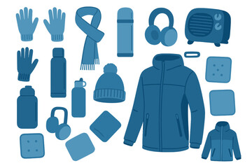 Vector illustration of winter essentials including jacket, gloves, scarf, beanie, thermos, earmuffs, and heater