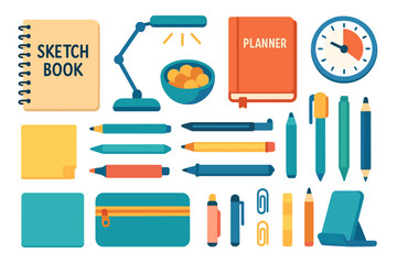 Colorful Workspace and Stationery Illustration Featuring Sketchbook, Planner, Desk Lamp, Pens, Pencils, Sticky Notes, and Timer