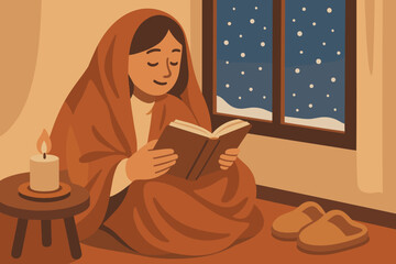 Cozy winter illustration of a woman reading a book by candlelight, wrapped in a blanket, with slippers nearby and snow falling outside the window.