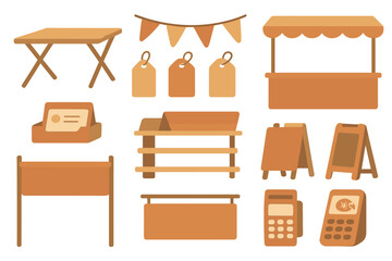 Warm-toned market stall and vendor equipment icons set including folding table, bunting flags, price tags, booth stand, business card holder, display shelf