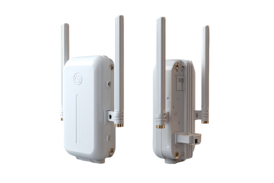 Two white wireless devices, angled views, showing antenna