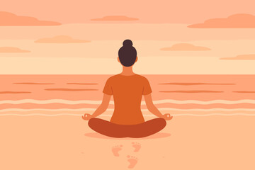 Woman Meditating on Beach Illustration at Sunset, Sitting in Lotus Pose Facing Ocean Waves with Peaceful Sky and Footprints in Sand