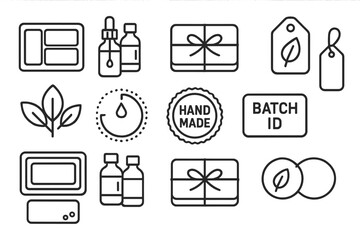 Line art illustrations showcasing handmade product packaging and labeling elements related to natural cosmetics