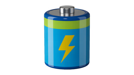 A single battery with a blue body and a yellow lightning bolt on it against a black background